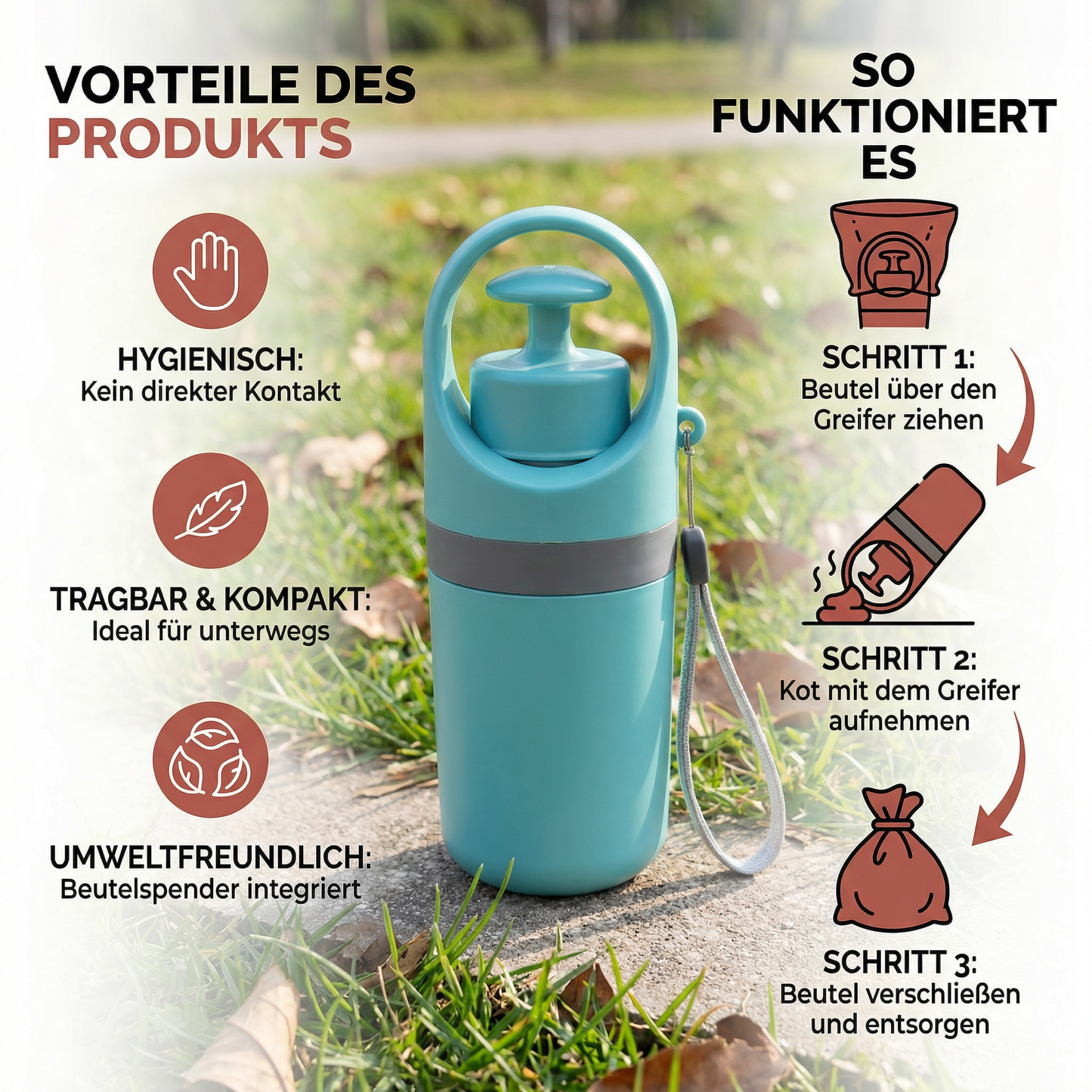 Kotgreifarm mit Kotbeutelhalter – Hygienische Hilfe für Spaziergänge mit Hund